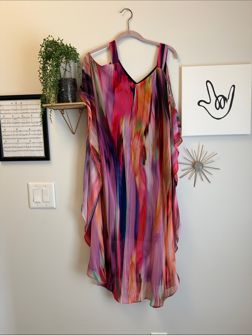 Multicolor V-Neck Cold Shoulder Flowing Women’s Dress
